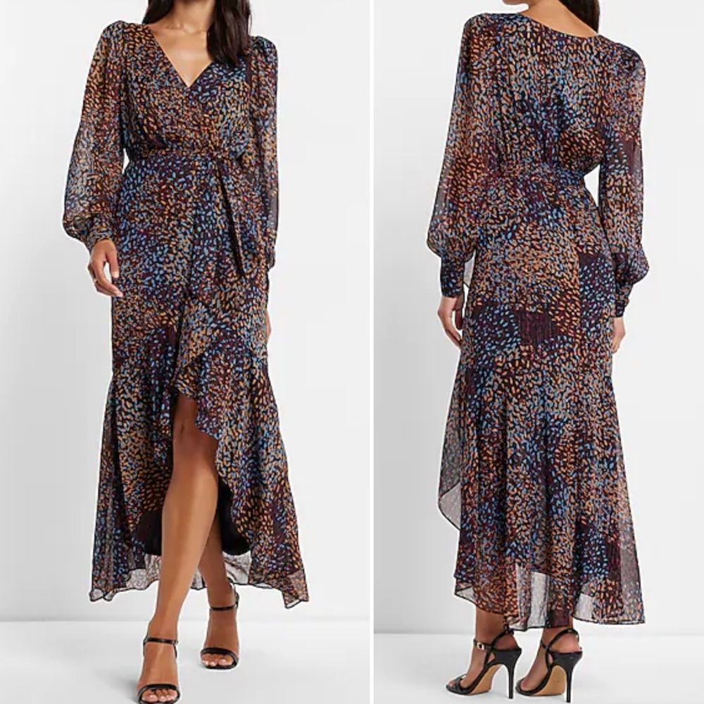 NWT Express Metallic Printed Faux Wrap Ruffle Hi-Lo V-neck Maxi Dress XXS